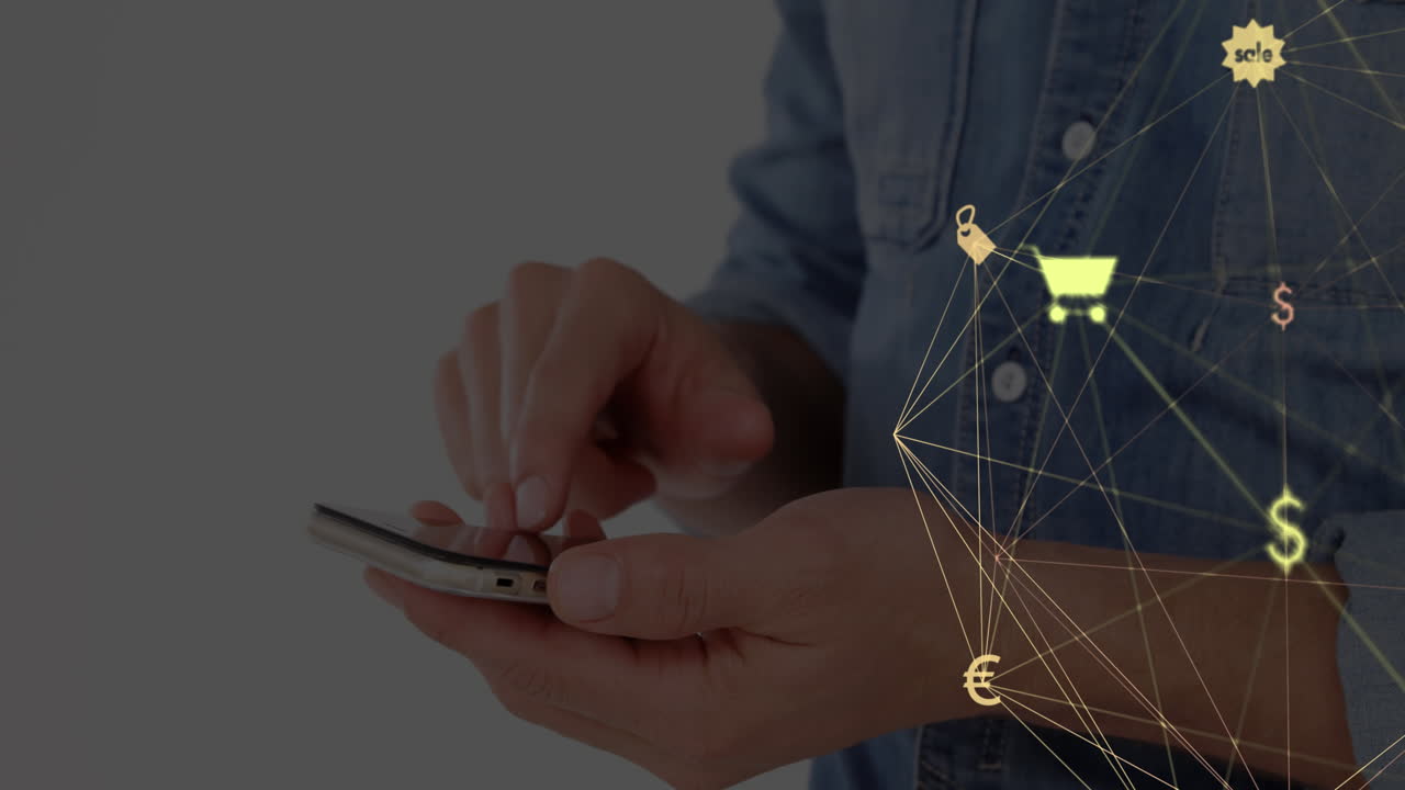 анимация земного шара с сетью соединений с цифровыми иконами над человеком с помощью смартфона