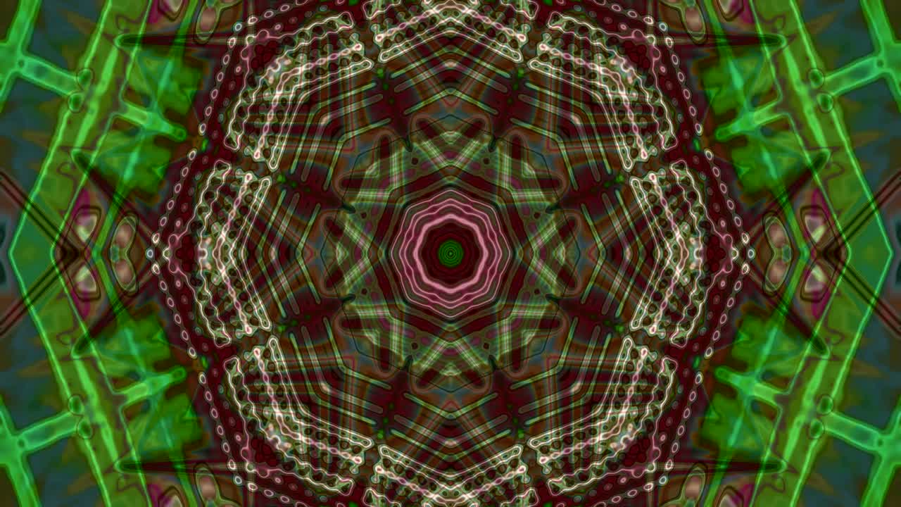 This seamless video loop presents a visually striking tunnel of colorful abstract patterns that rotates and changes shape over time. It creates an immersive experience of movement and flow