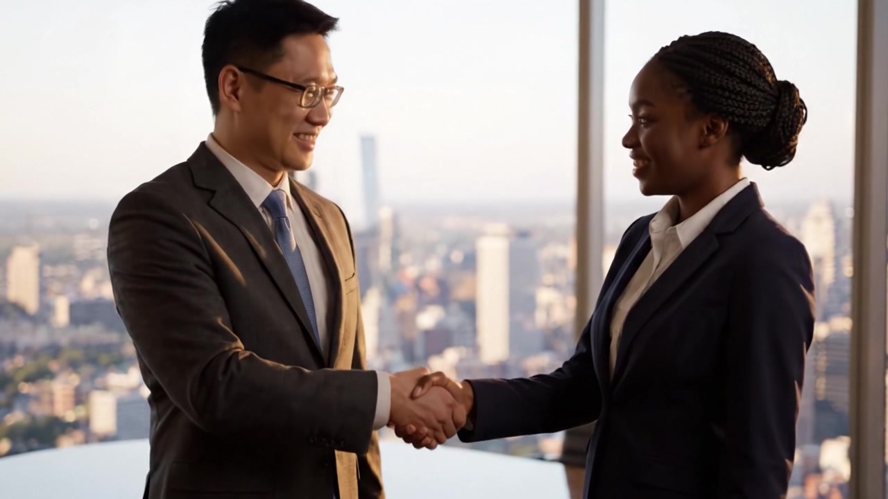 A Dynamic Business Partnership: Two Professionals Celebrating Collaboration and Achievement Against a Stunning City Skyline Backdrop