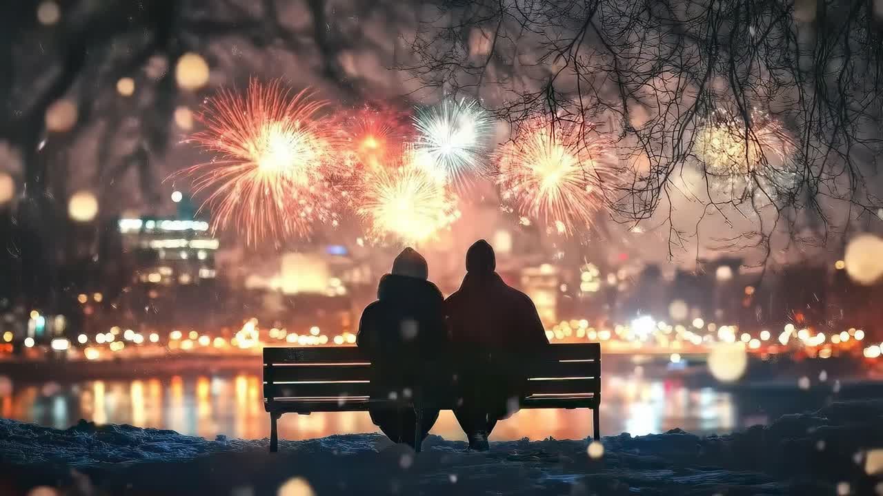 Romantic video scene of a couple on a bench watching fireworks, captured from behind