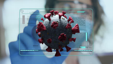 animation of virus cells over caucasian female lab worker with sample