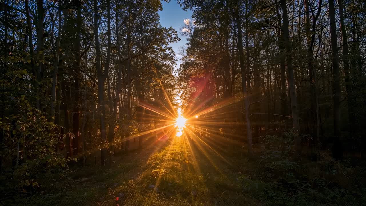 Sol brilhante baixo, emitindo raios estelares e reflexos de lente através dos troncos das árvores da floresta até o caminho gramado