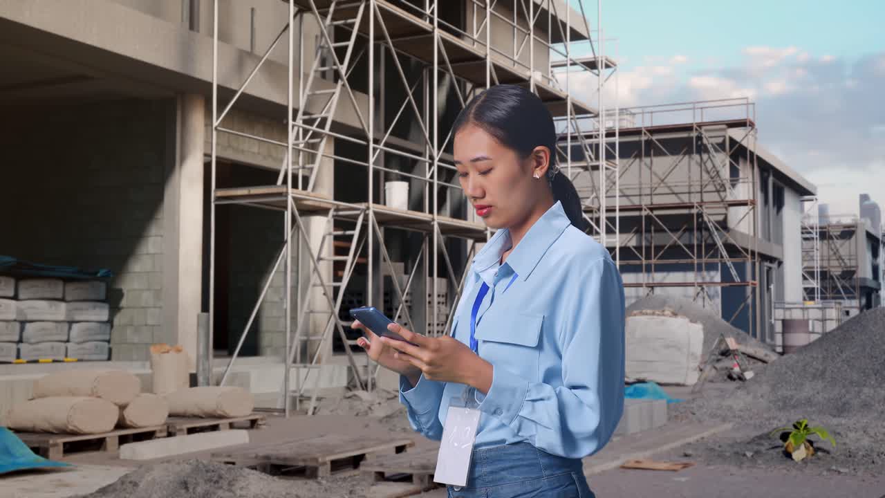 Side View Of Asian Female At Construction Site in Progress to New House, Observes By Looking Up Then She Come To Concentrating On The Phone And Keep On Checking