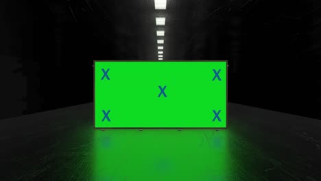 abstract creative tunnel and green screen alpha channel billboard mock up. neon, blue purple led bars and technology, sci fi, futuristic cyber punk 3d rendering with blank frame.