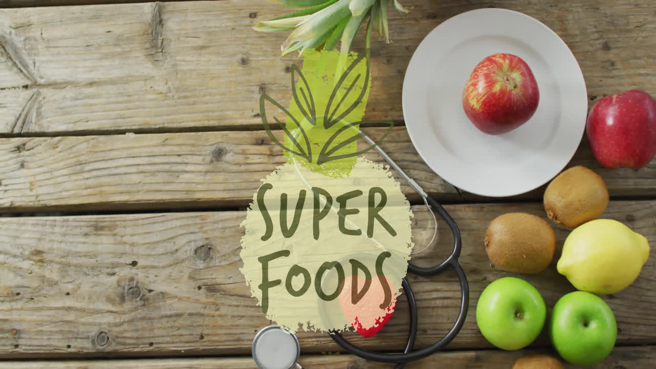animación de texto de súper alimentos sobre frutas
