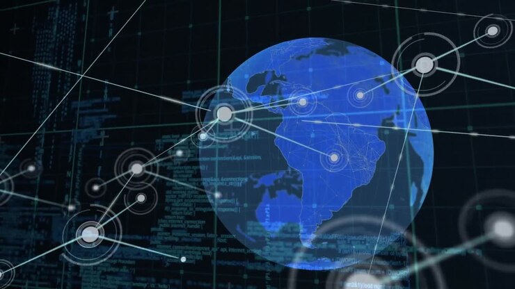 Animation of network of connections with icons over globe and grid