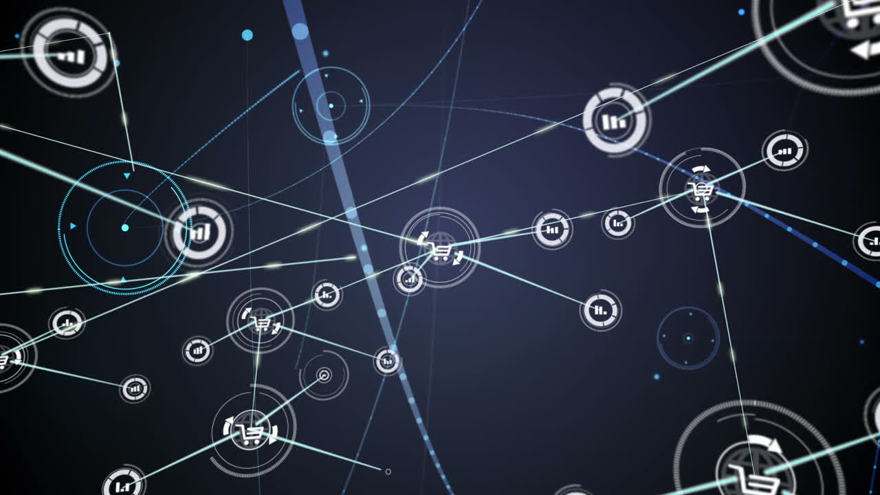 Animation of networks of connections with icons on black background