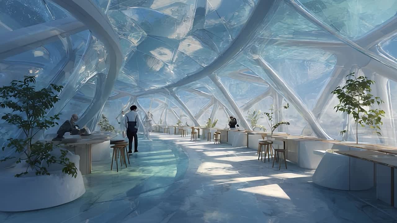 Modern architectural interior with natural light and greenery in view