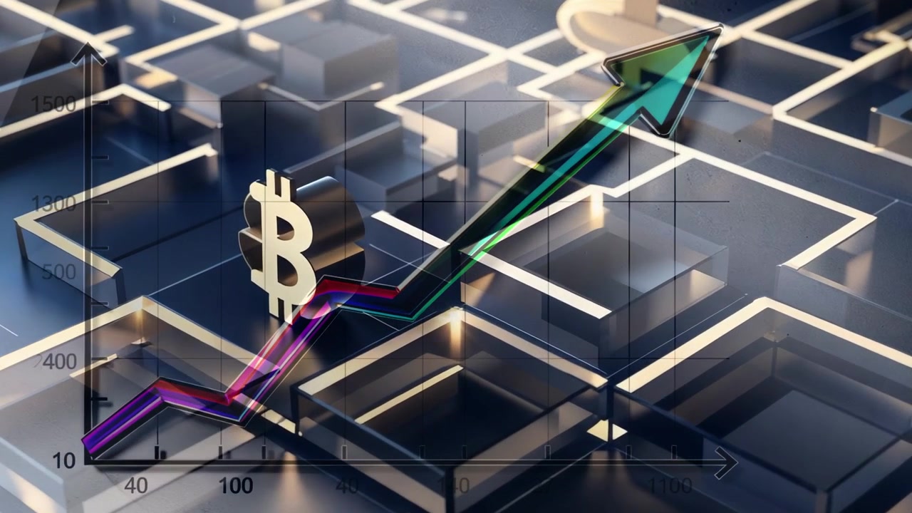 Zobrazení symbolu Bitcoinu, posouvající se čárový graf s výzvami zelené šipky stoupající na kovové mřížce a osách.