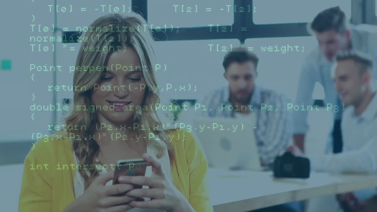 Animation of data processing against caucasian woman using smartphone and smiling at office