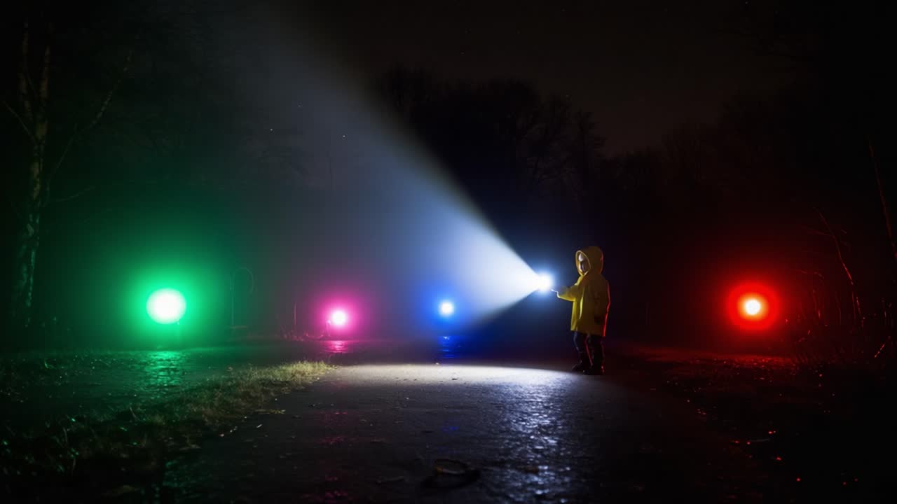 A Child in a Yellow Raincoat Illuminates a Dark Path with a Flashlight, Surrounded by Colorful Lights in the Night, Creating a Magical and Mysterious Atmosphere