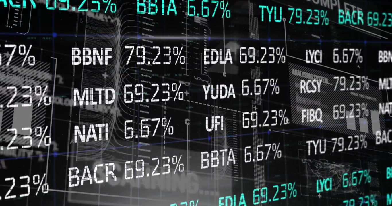 Animation of trading board over programming language and infographic interface in background