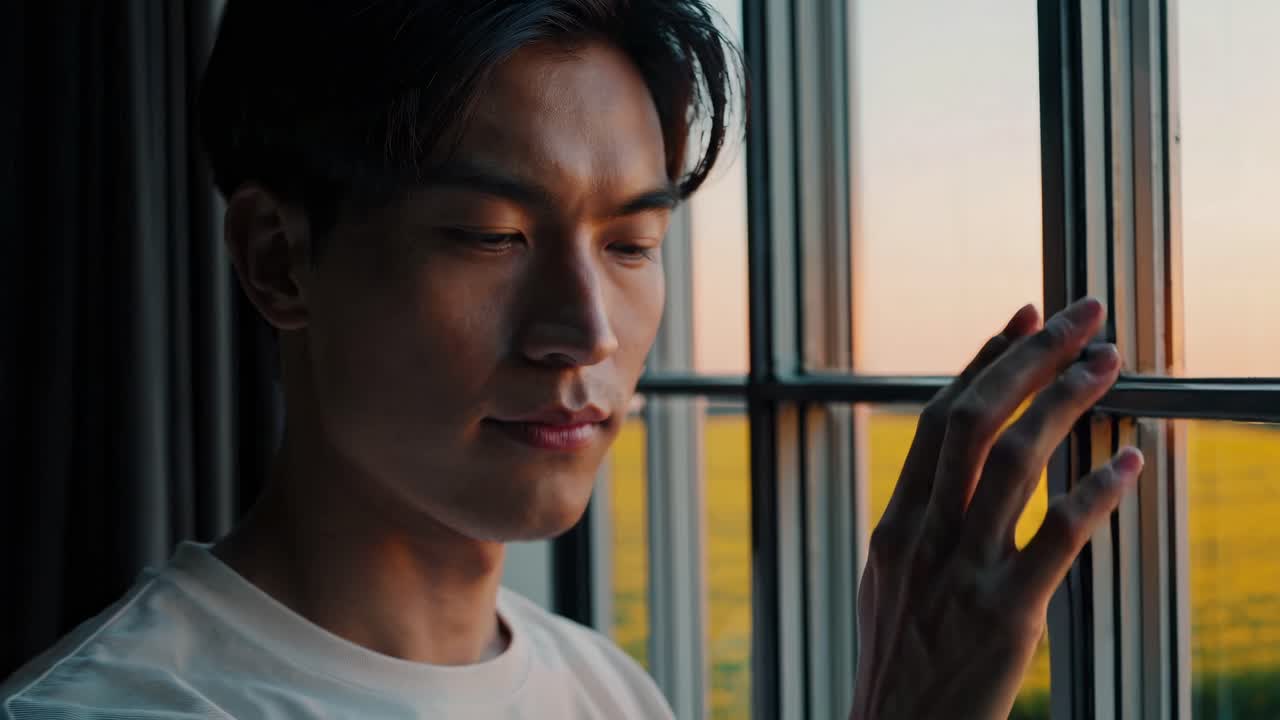夕焼け時に窓の外を眺める物思いにふける人をクローズアップで撮影した動画。