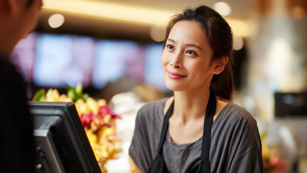 A Smiling Female Cashier Engaging with a Customer in a Vibrant Setting, Showcasing Excellent Service and Interaction Skills in a Modern Retail Environment with Floral Accents and a Welcoming Atmosphere