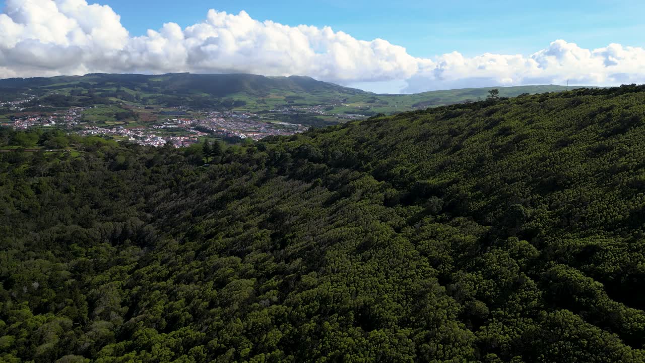 Aerial of Monte Brasil Revealing Angra do Heroismo City, Terceira Island, Azores, Portugal
