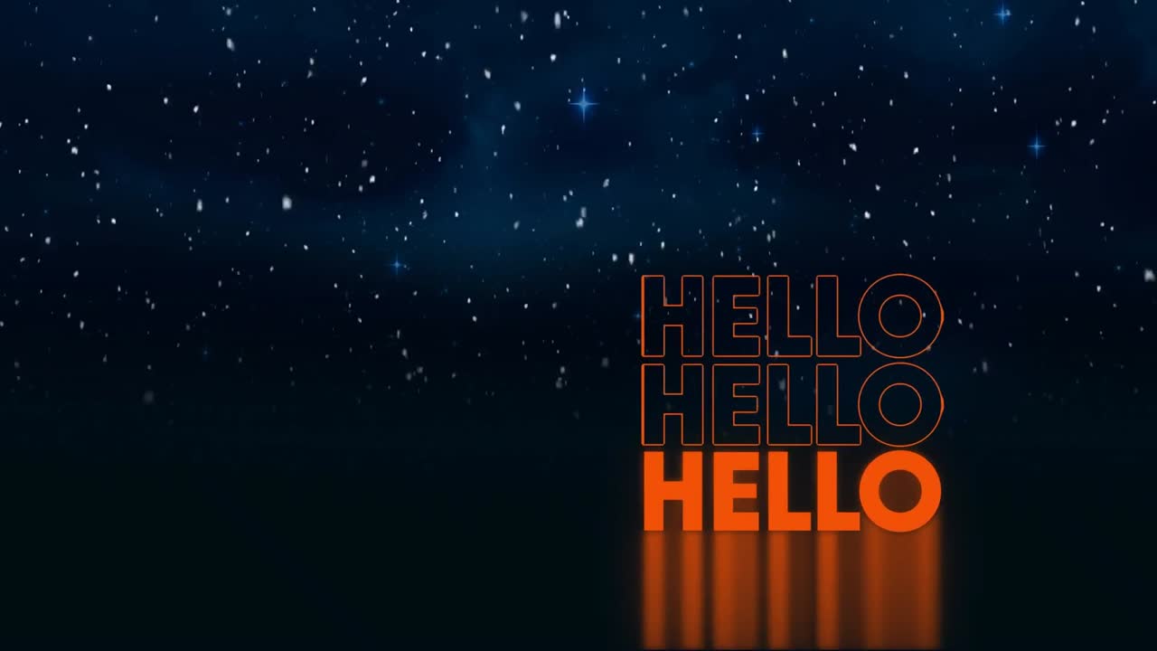 Animation of hello over snow falling on navy background