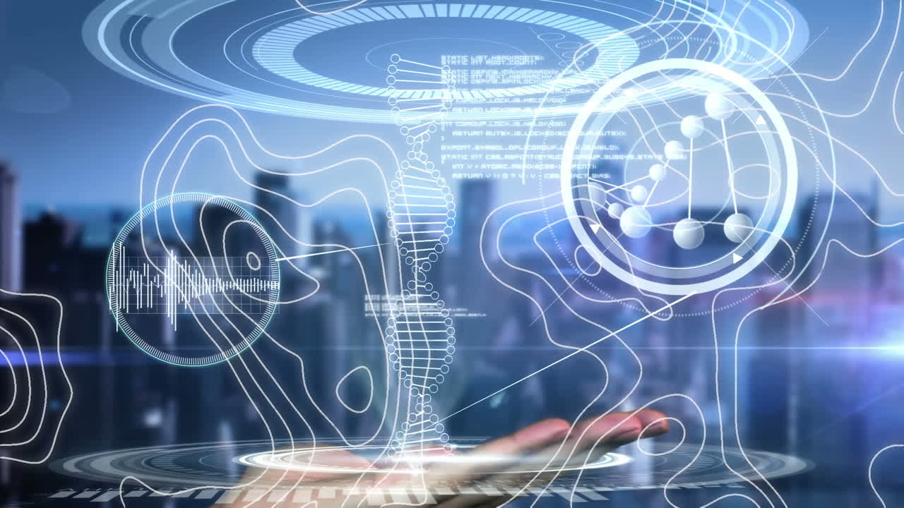 도시 풍경 위의 의료 데이터 처리의 애니메이션