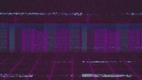 Animation-of-white-and-blue-lines-of-interference,-over-pink-and-blue-dark-grid-and-cityscape