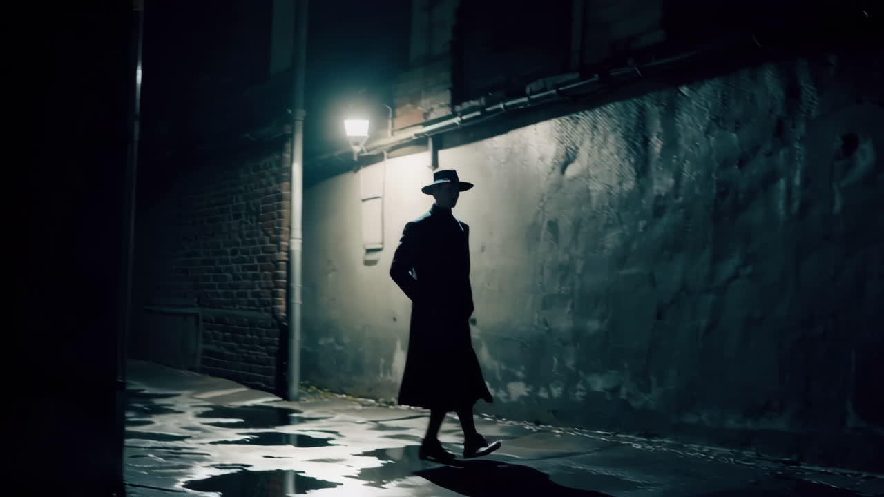 Mysterious Figure Walking Down a Dark, Wet Alley at Night