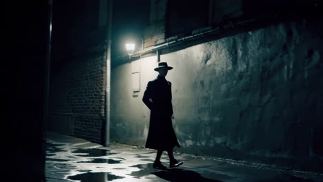 mysterious figure walking down a dark, wet alley at night