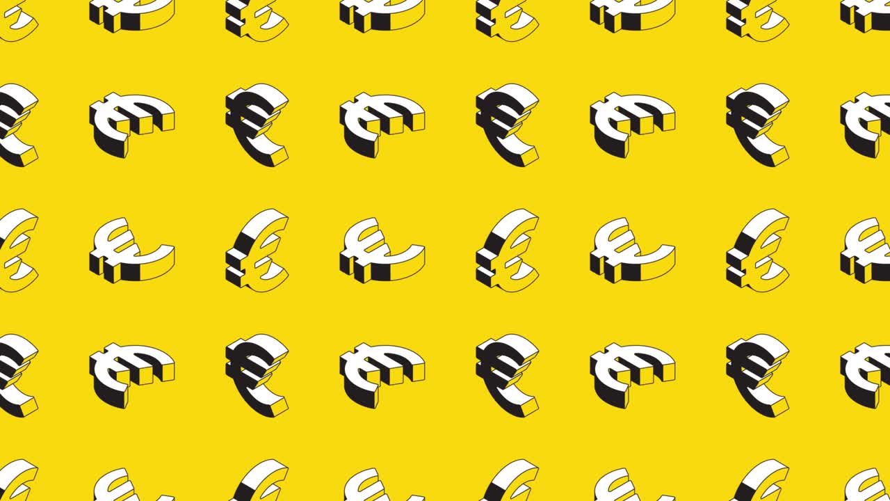 Isometric symbols of Euro currency in animated pattern on a yellow background. Seamless loop animated pattern for financial illustration