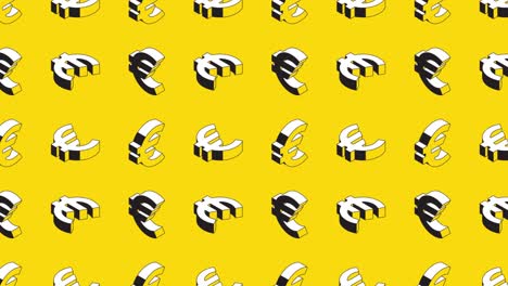 isometric symbols of euro currency in animated pattern on a yellow background. seamless loop animated pattern for financial illustration