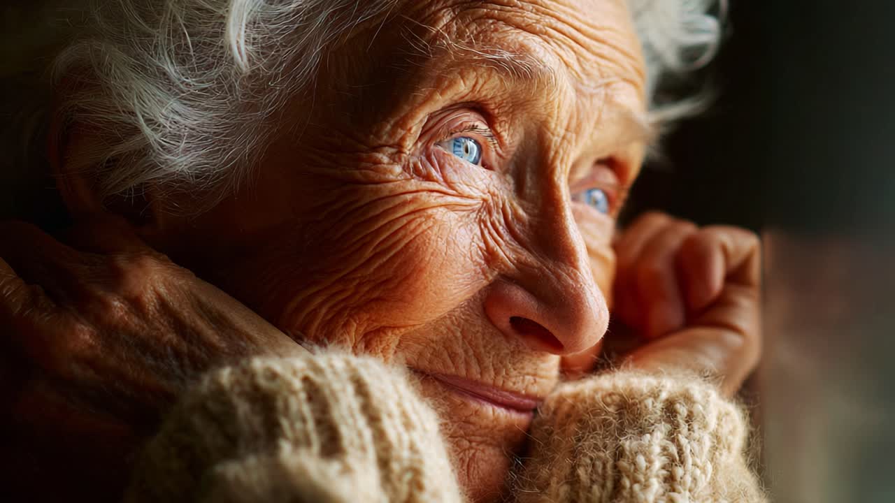 Expressões reflexivas de uma mulher idosa: capturando a profundidade da emoção em seus olhos e o calor em um suéter aconchegante, evocando uma sensação de nostalgia e sabedoria