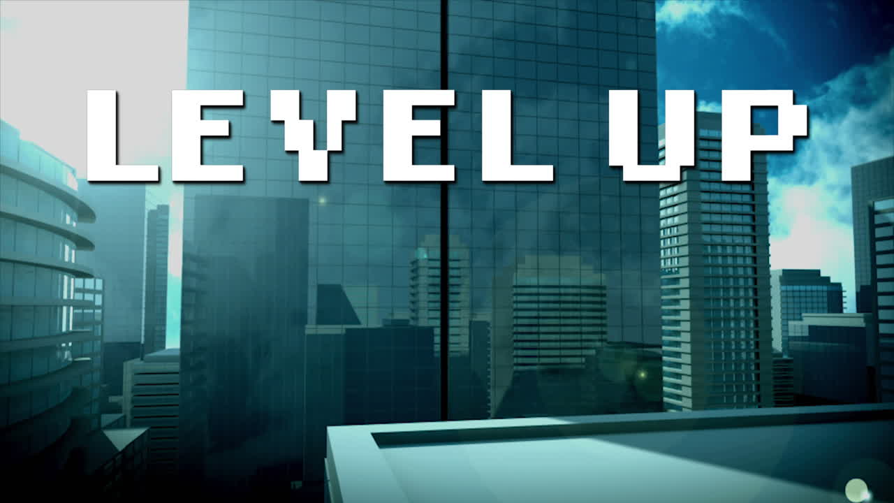 animación del nivel de texto de píxel blanco hacia arriba, sobre el paisaje urbano moderno