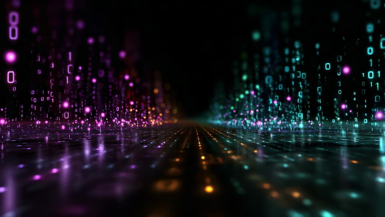 A Captivating Journey Through a Digital Landscape in Motion, Displaying Streams of Colorful Binary Data and Vibrant Light Reflections that Glimmer Along an Infinite Pathway into the Unknown