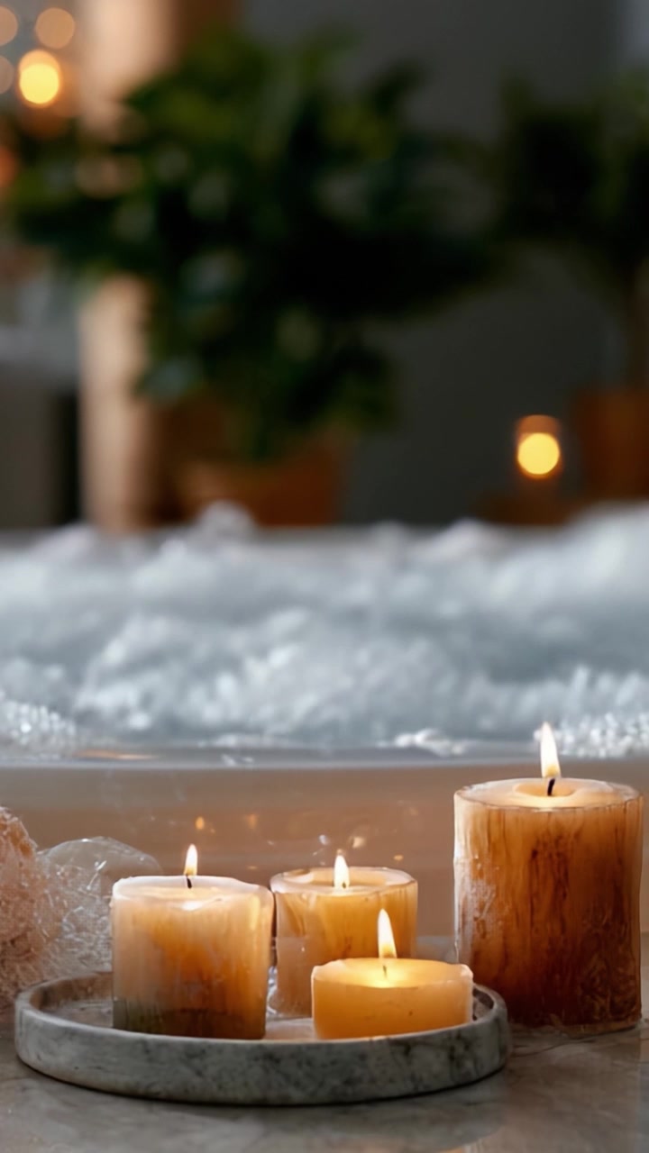 Un santuario rilassante: quattro candele luminose creano l'atmosfera vicino a una vasca idromassaggio gorgogliante, perfetta per il relax e la serenità in un'atmosfera accogliente.