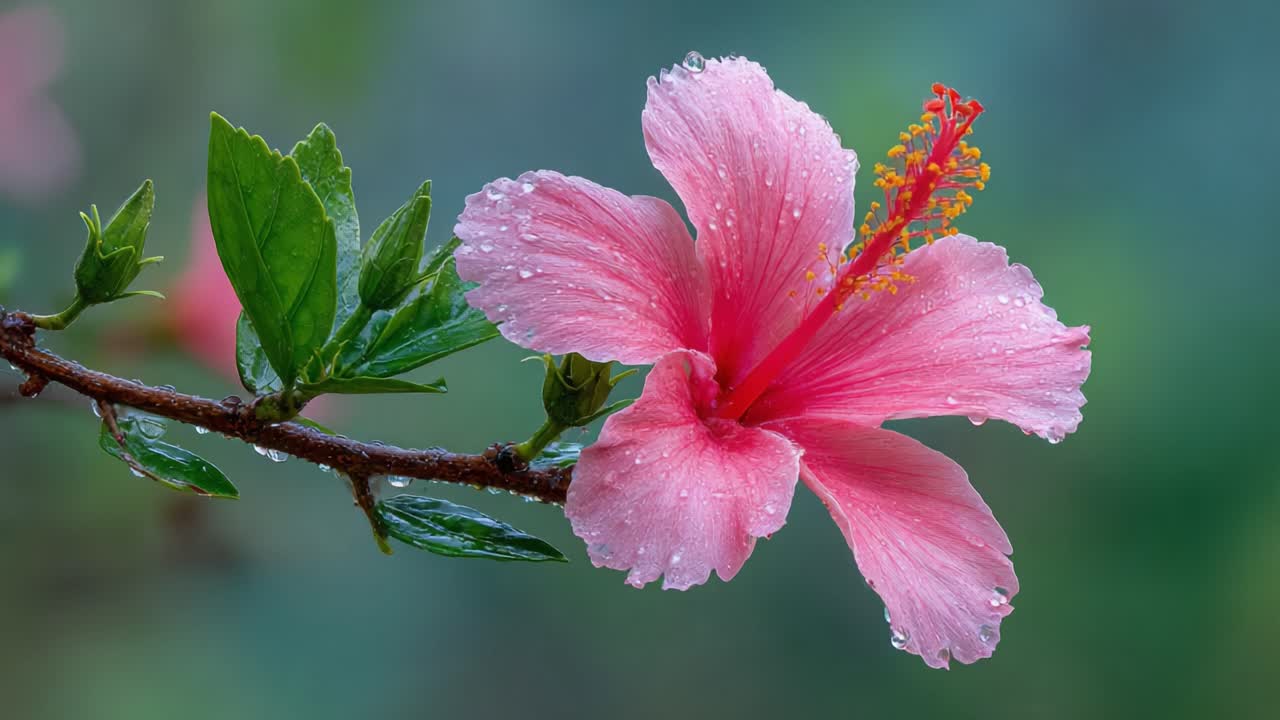 Delicate Pink Hibiscus Flower Glimmering with Water Droplets Against a Soft, Blurred Background, Showcasing Nature's Beauty and Freshness