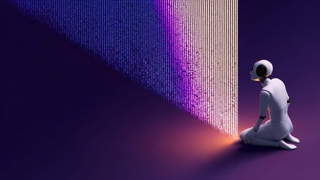 A futuristic humanoid figure contemplates as streams of glowing data cascade downward, symbolizing the intersection of technology and humanity, showcasing innovation and introspection