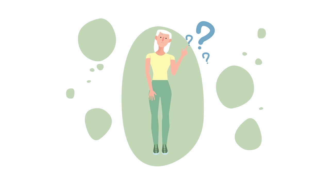 Illustrazione animata di una donna con dubbi e punti interrogativi