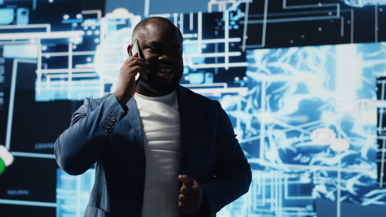 Black tech specialist talking on smartphone call in an AI powered environment