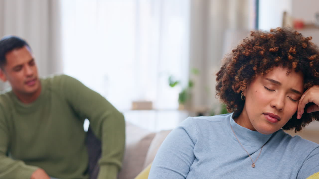 Sad, couple fighting and conflict in home
