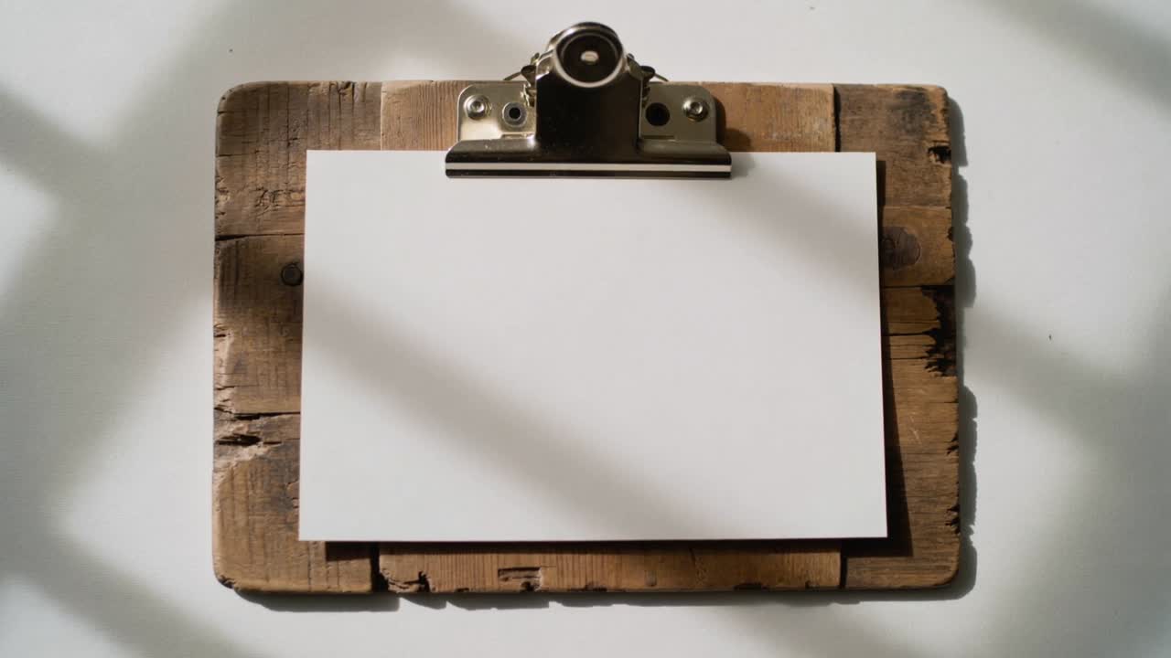 Sich verlagerndes Sonnenlicht bewegt Schatten über ein Holz-Klemmbrett auf einem weißen Tisch, mit Metallklammer und leerer Karte.