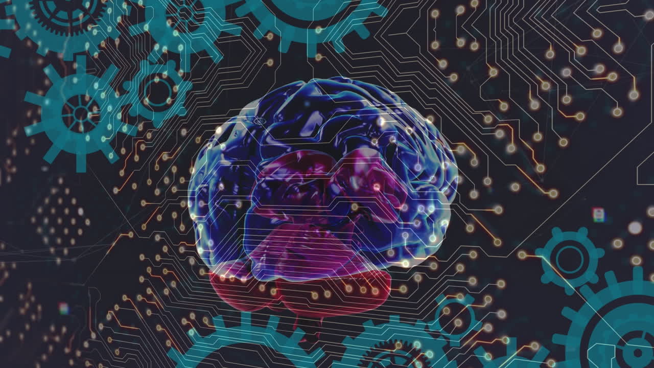 Animation of digital brain and cogs over computer circuit board on black background