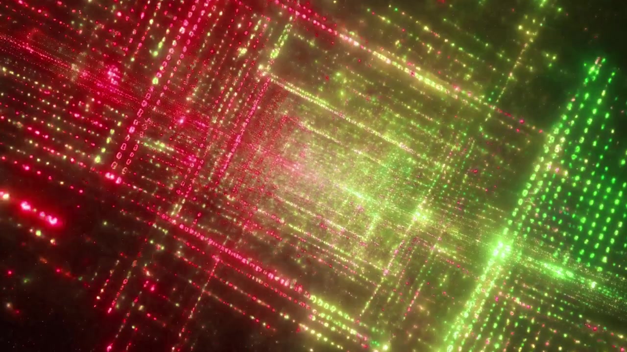 Túnel digital abstracto con código binario rojo y verde brillante