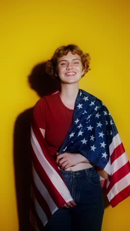 woman draped in american flag