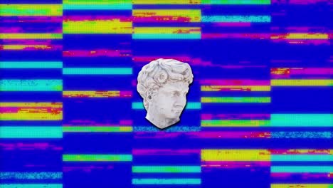 animación de una escultura de cabeza antigua con un error sobre un fondo multicolor.
