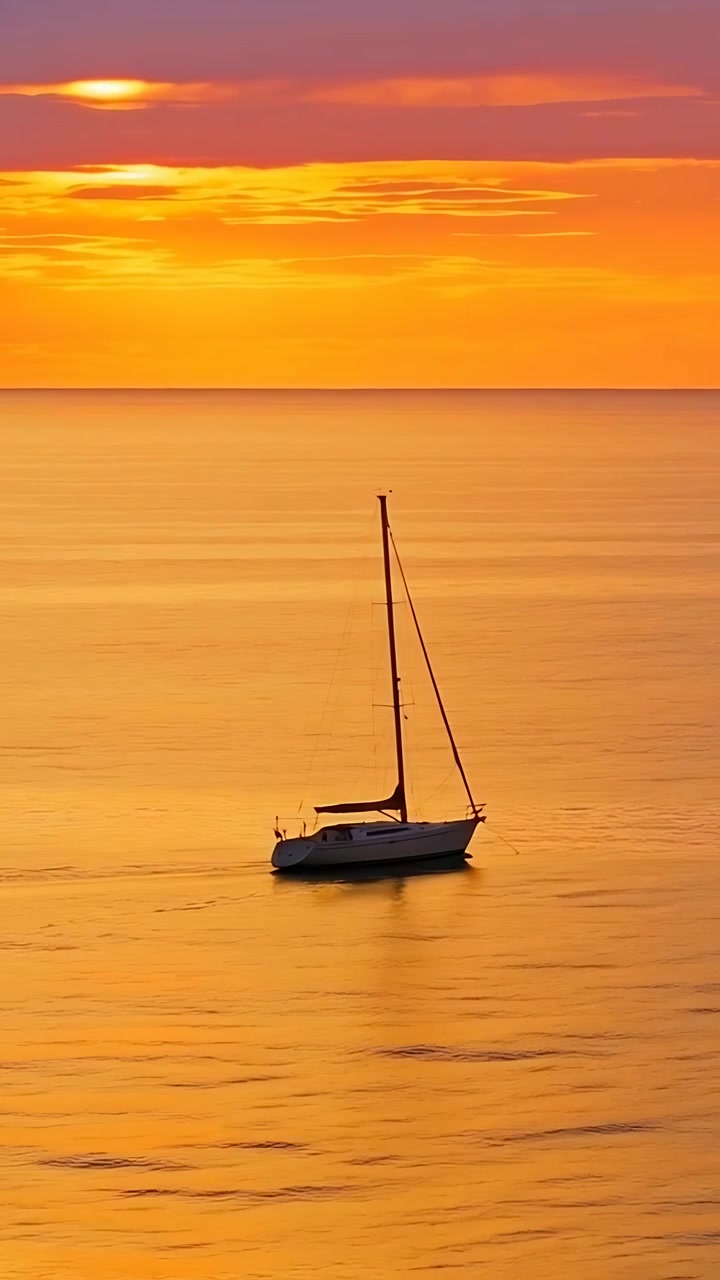 Video verticale: Barca a vela bianca che naviga nel mare al tramonto, spinta dalla brezza con la vela ammainata.