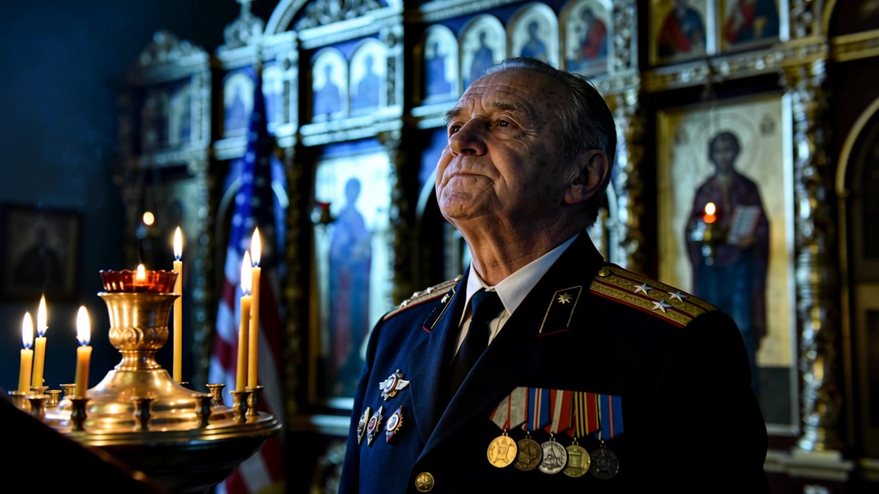 Veterano in piedi, in uniforme e con medaglie, che osserva icone ortodosse con candele accese vicino a una bandiera degli Stati Uniti.