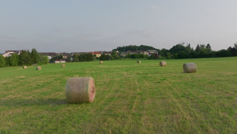 heubalen in einem grünen feld mit dorf im hintergrund