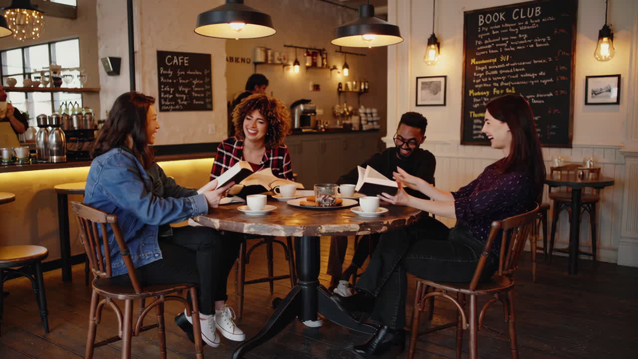 Friends Enjoying a Book Club Meeting in a Cafe