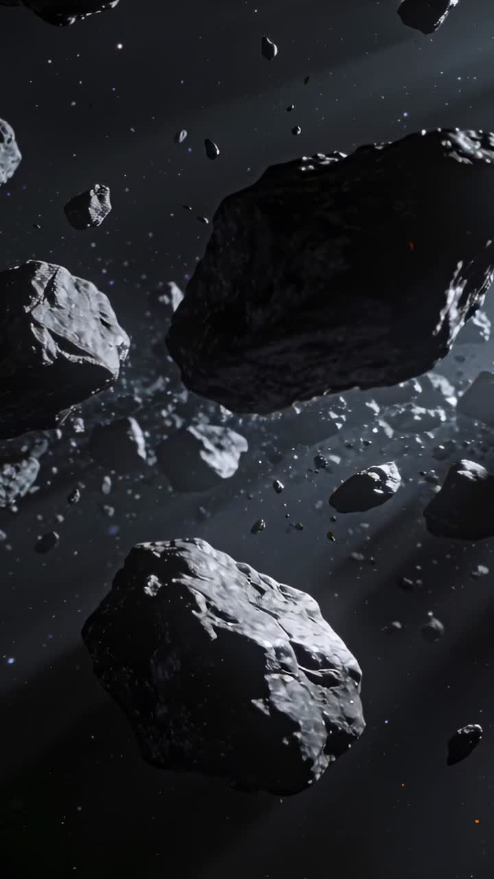 Video verticale: Telecamera in movimento che avanza attraverso una densa fascia di asteroidi, rivelando un masso rotante.