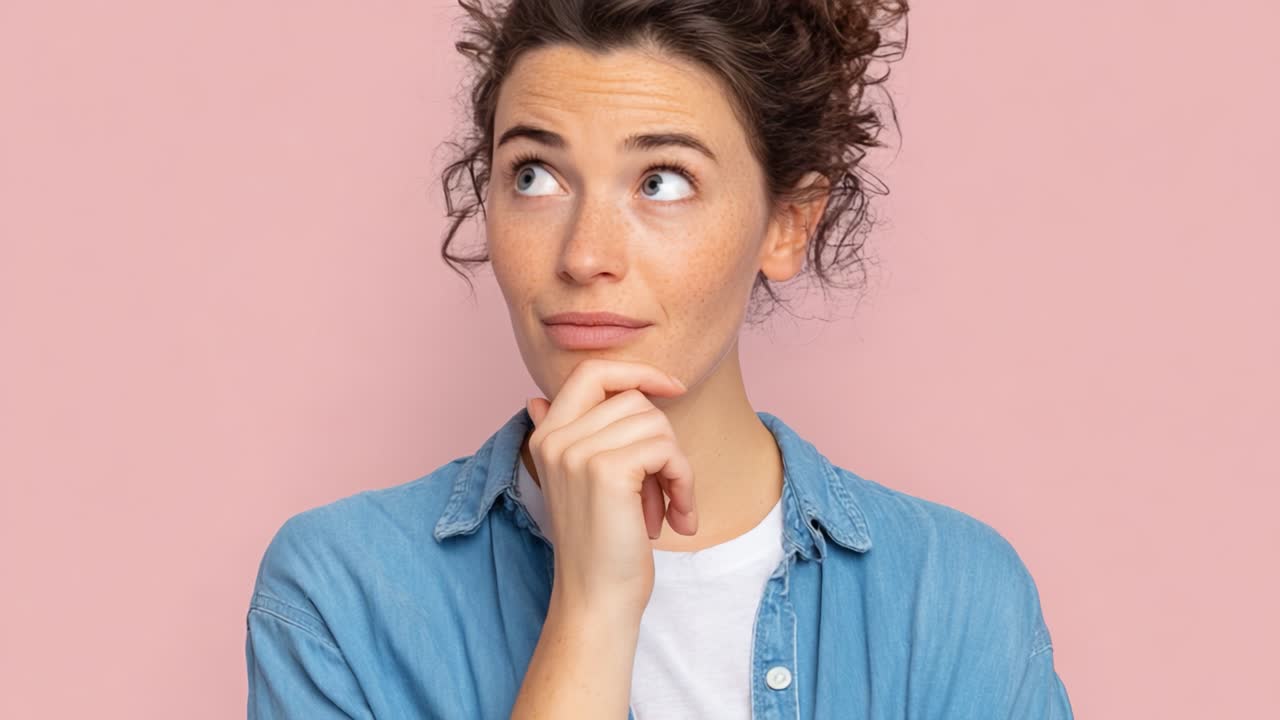 An inquisitive young woman with curly hair pondering deeply while gazing upwards in contemplation, set against a pastel pink background expressive of curiosity and thoughtfulness