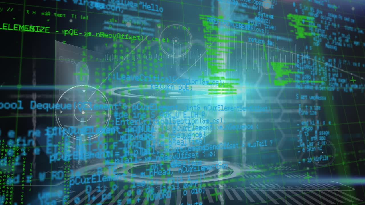 Animation of digital brain and human body over grid pattern with programming language