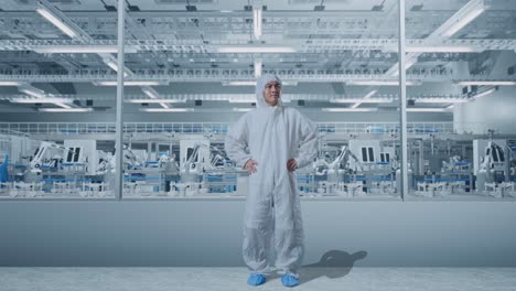 cuerpo lleno de científico masculino asiático poniendo las manos en la cadera y mirando a su alrededor en la fábrica de laboratorio moderno con robots automatizados