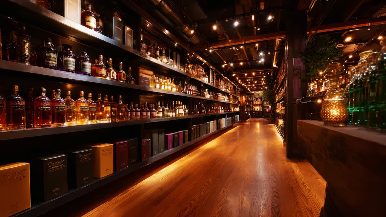 Liquor store with shelves full of whiskey and spirits