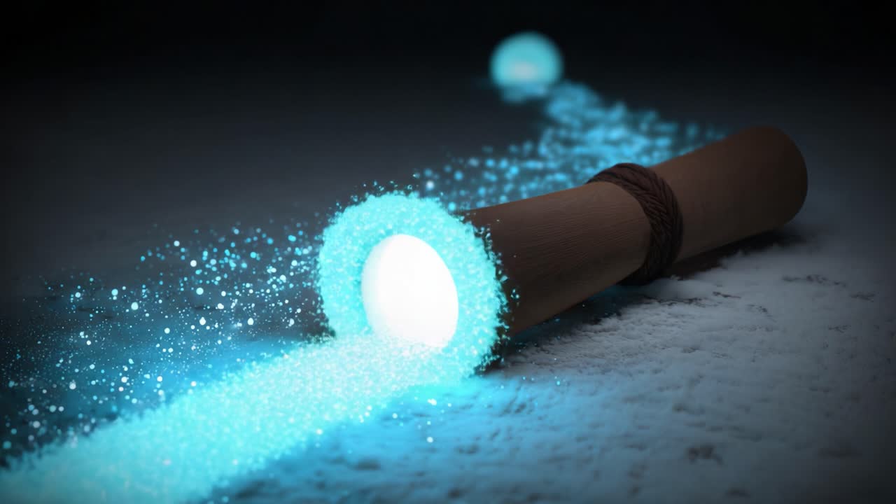 A Magical Discovery: A Wooden Scroll Unleashing a Trail of Sparkling Blue Light that Captivates the Imagination, Transforming Ordinary Surroundings into Enchanted Realms